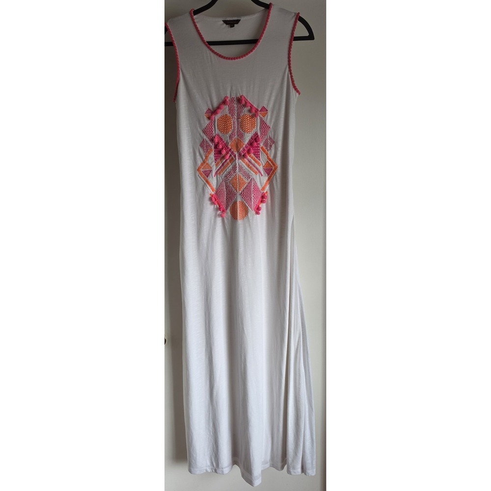 Ranna Gill Maxi Dress M White Pink Orange Geometric Sleeveless Boho Gown